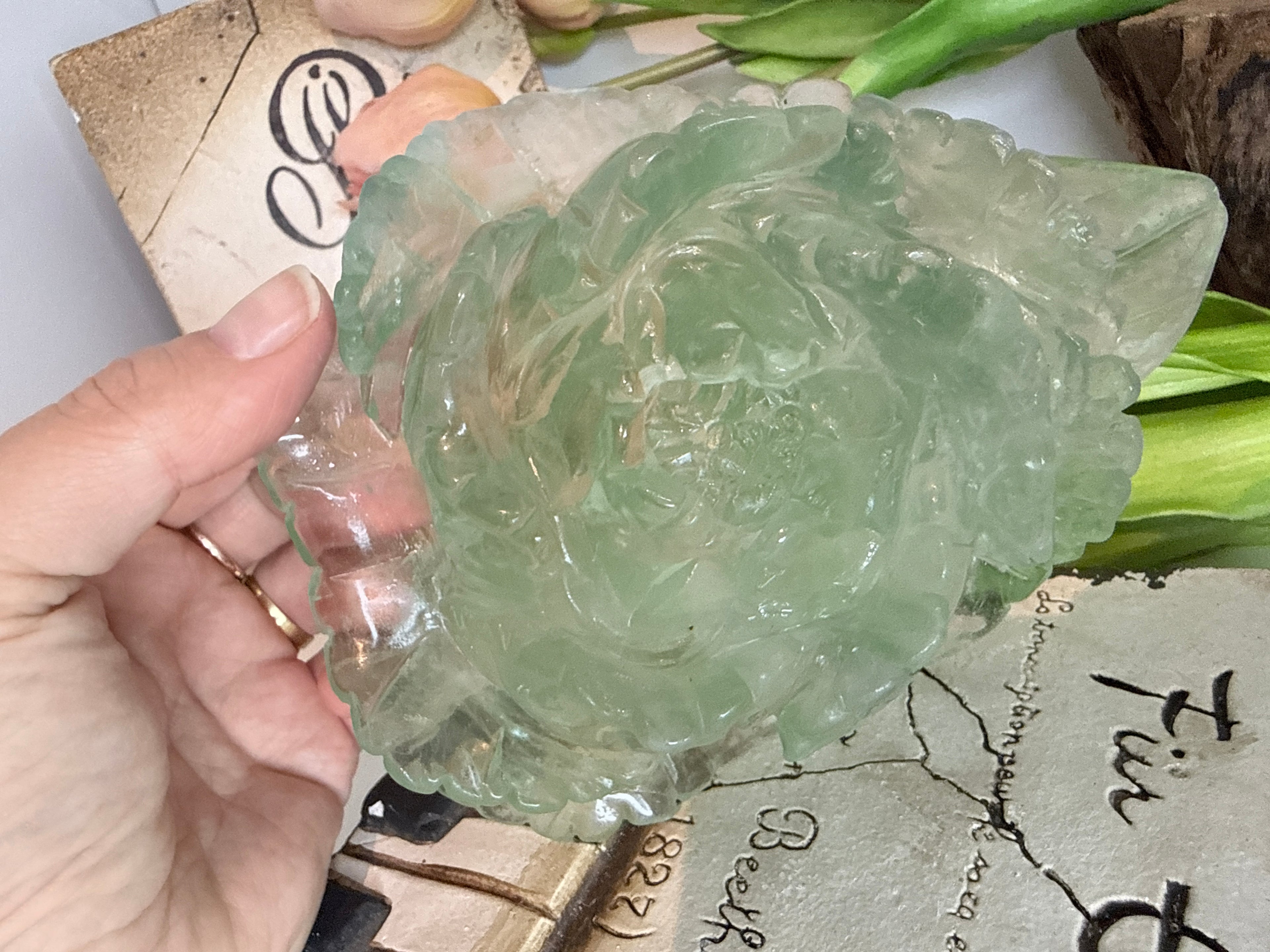 Green Fluorite Rose Carving