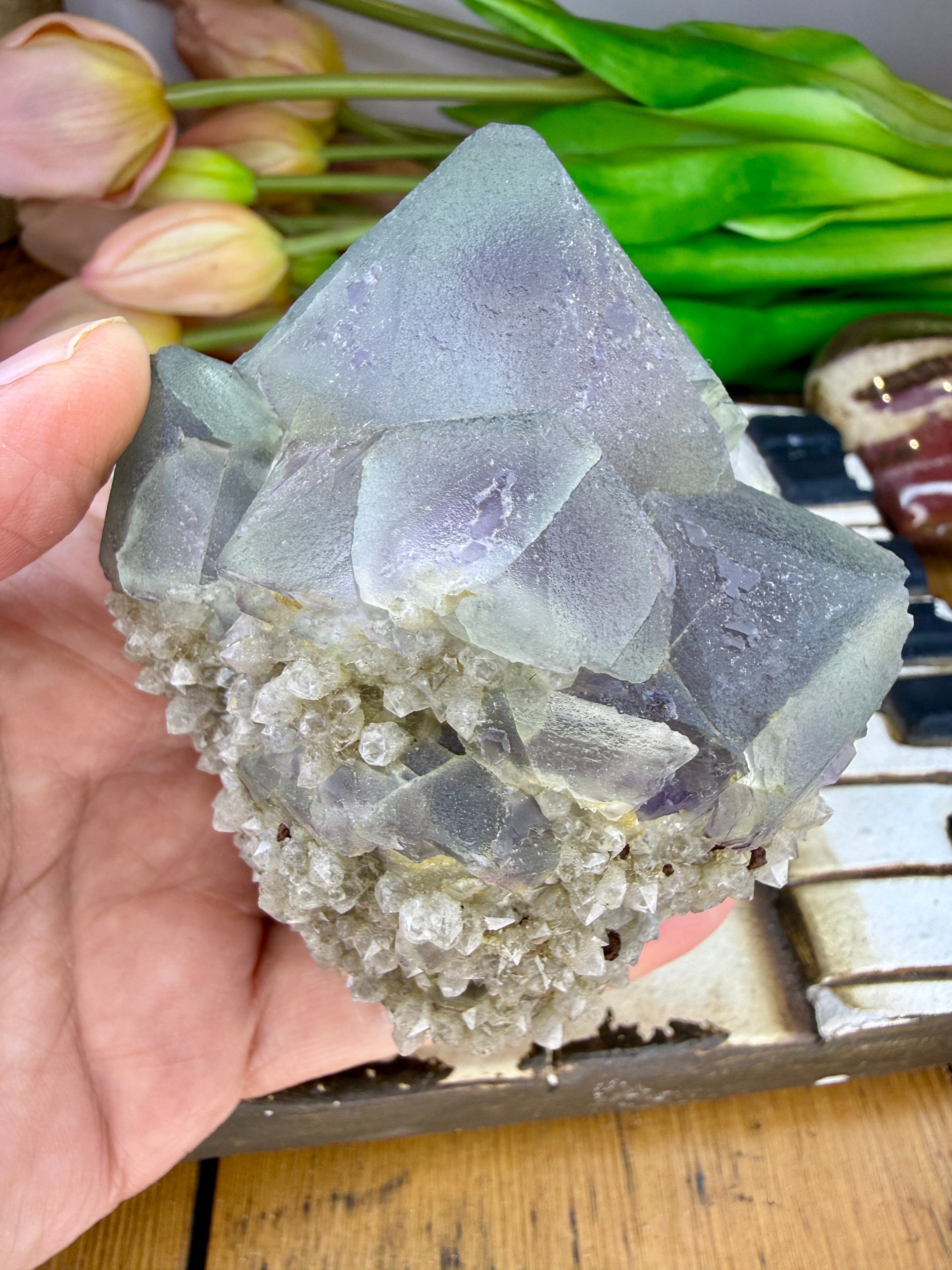 Fluorite Crystal Cluster on Druzy Quartz