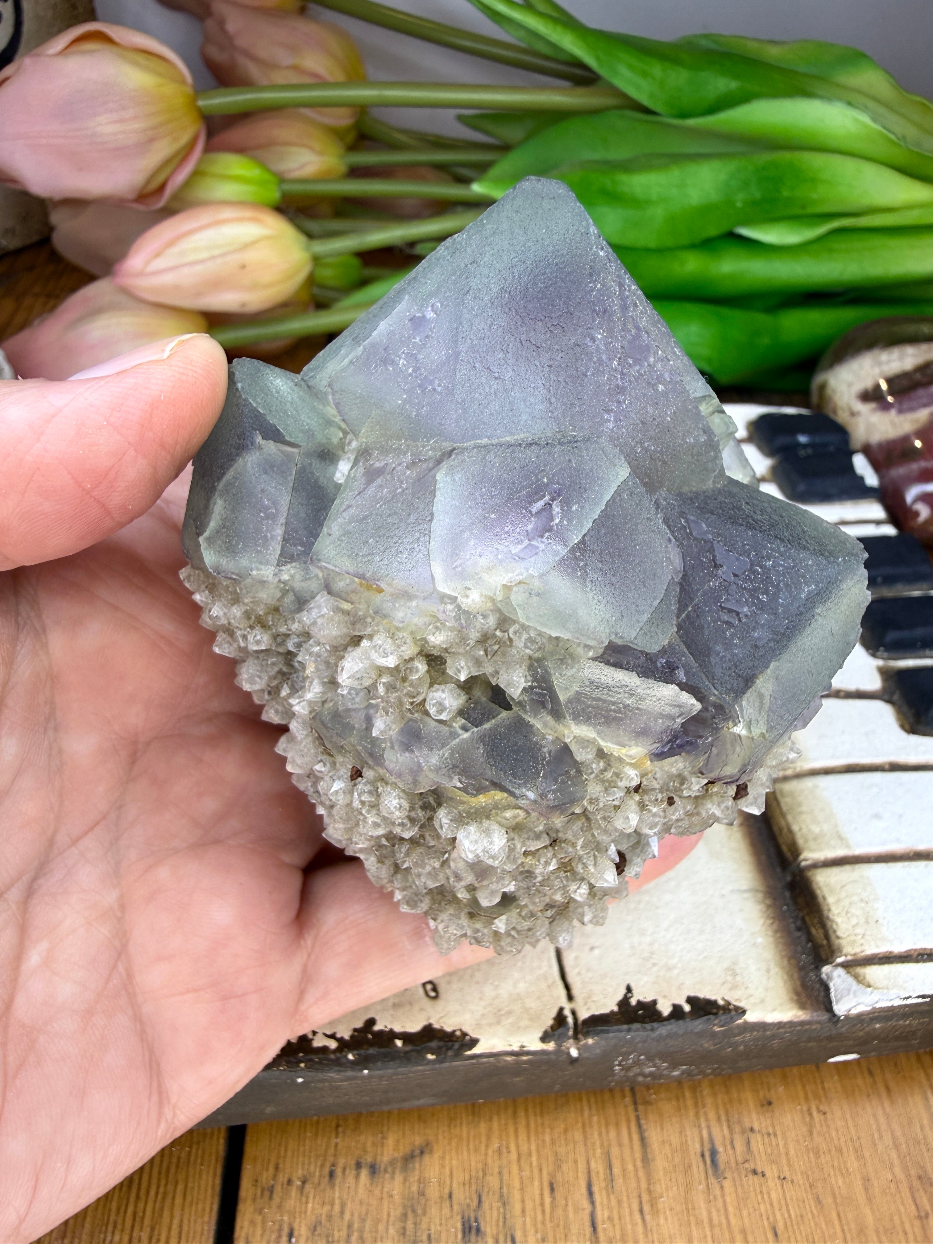 Fluorite Crystal Cluster on Druzy Quartz