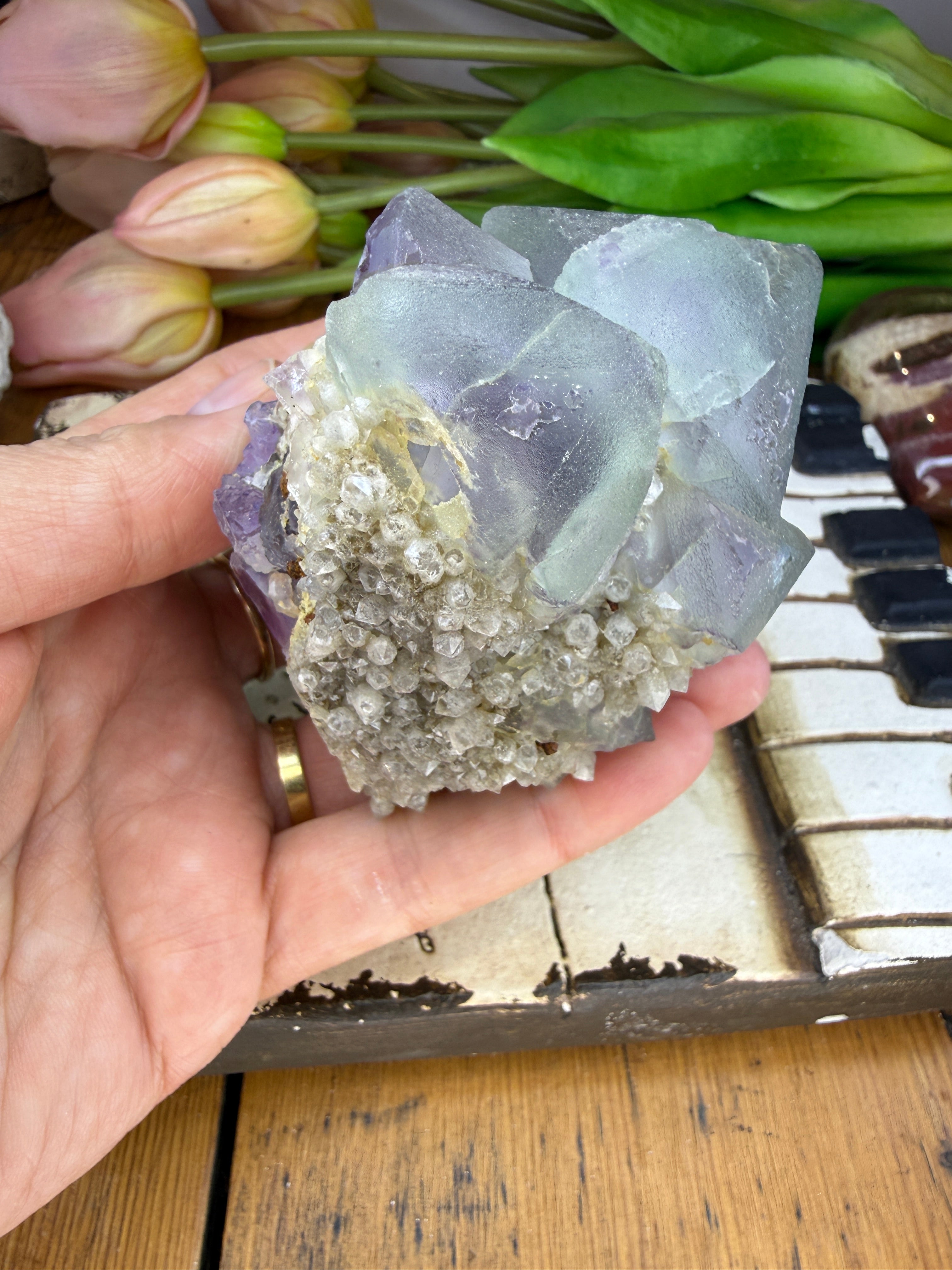 Fluorite Crystal Cluster on Druzy Quartz