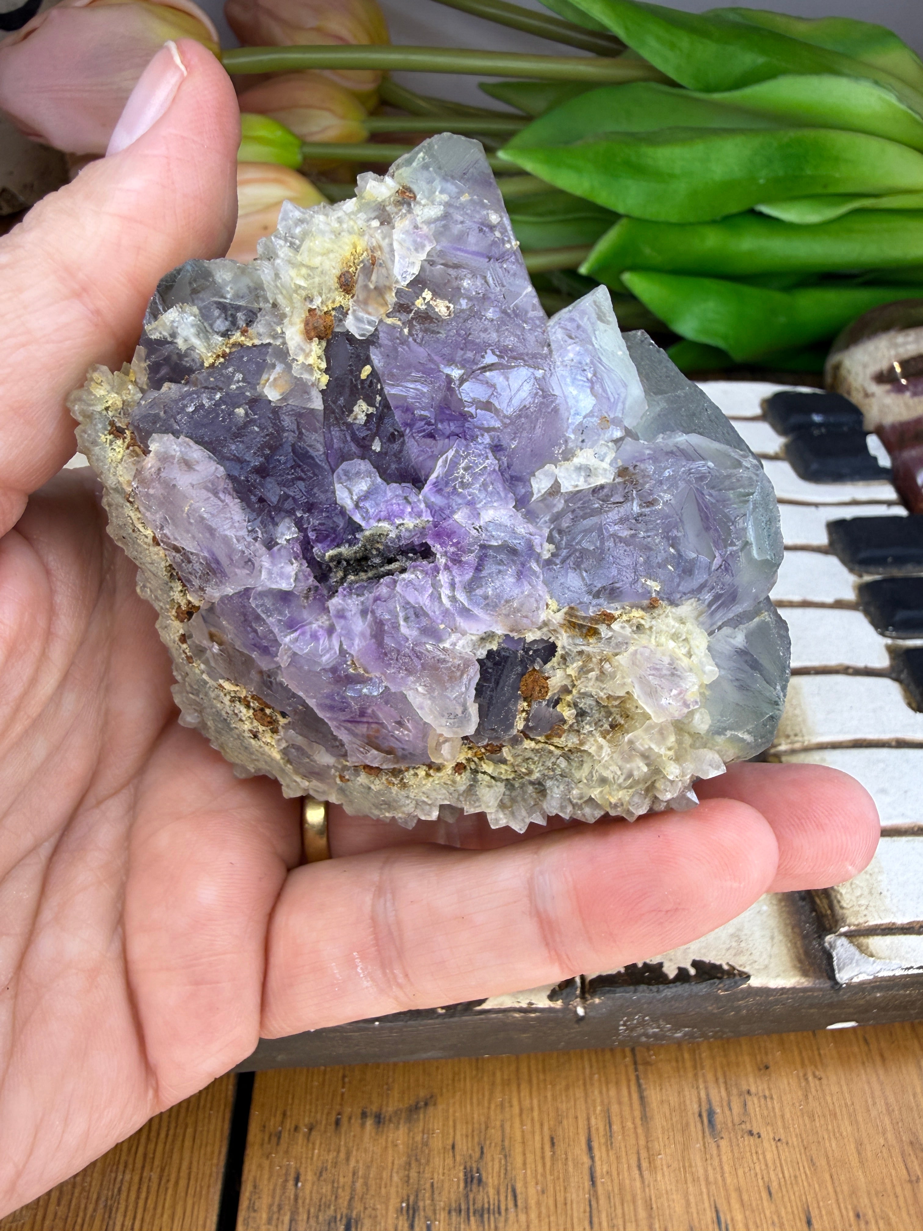 Fluorite Crystal Cluster on Druzy Quartz